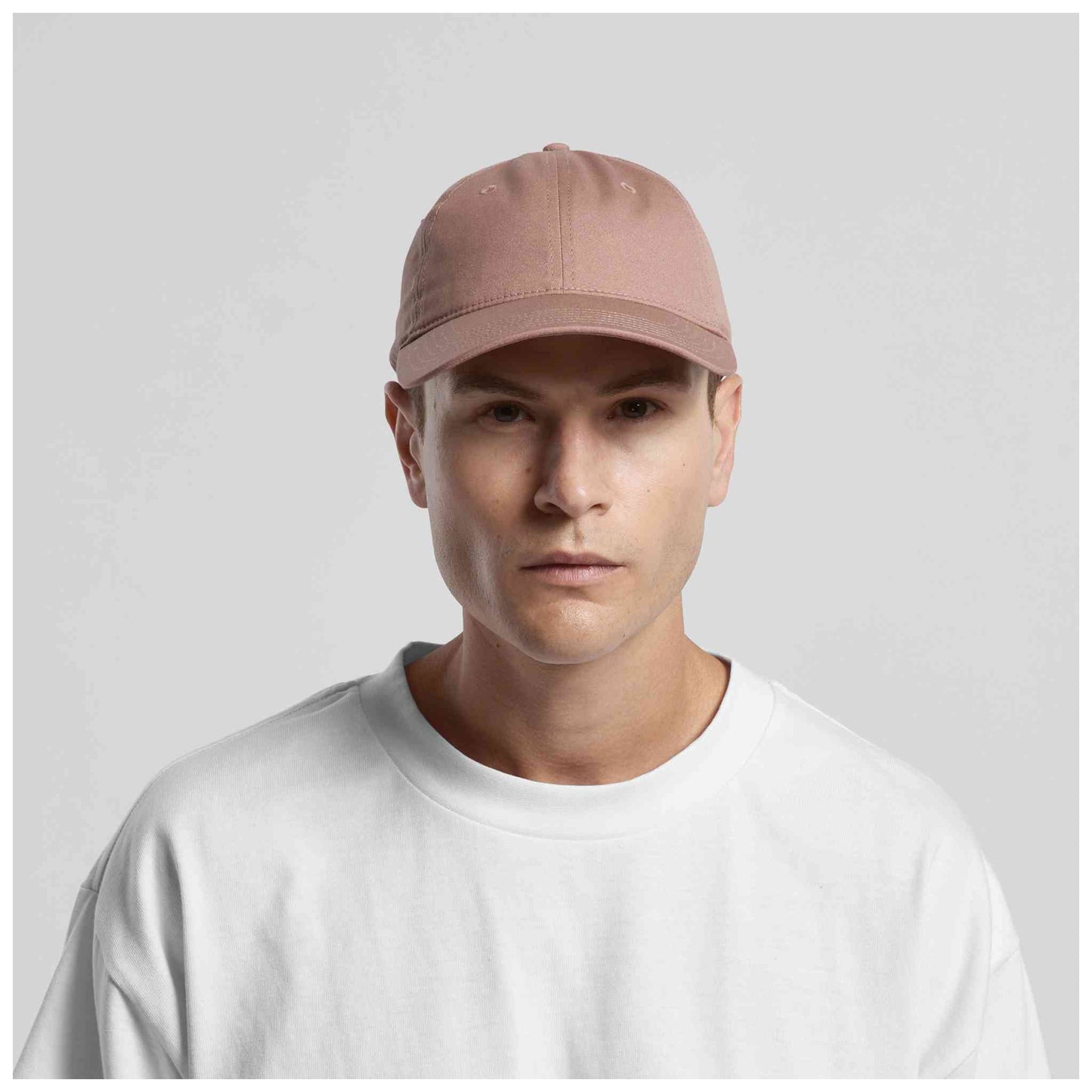 AS Colour 1130 Access 6 panel cap in hazy pink colour, front view on model
