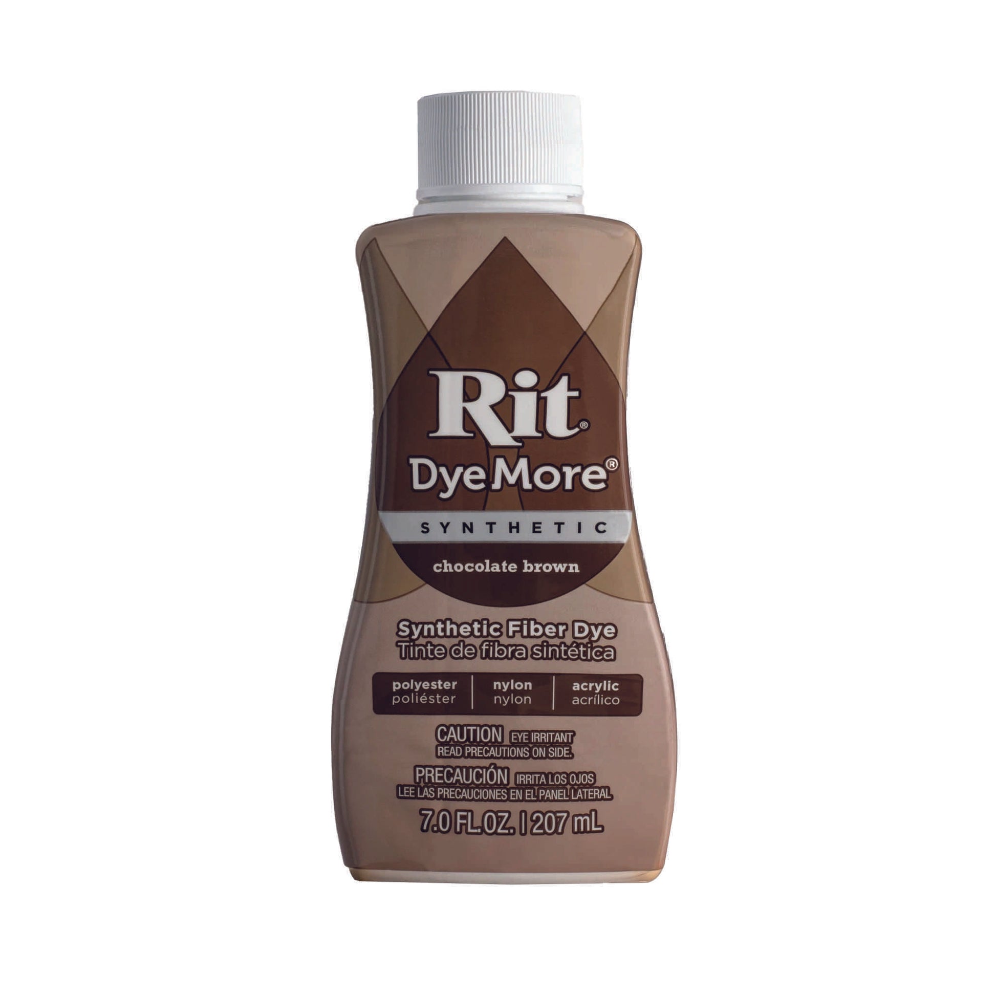Chocolate brown coloured Rit DyeMore synthetic fibre dye bottle on a white background.