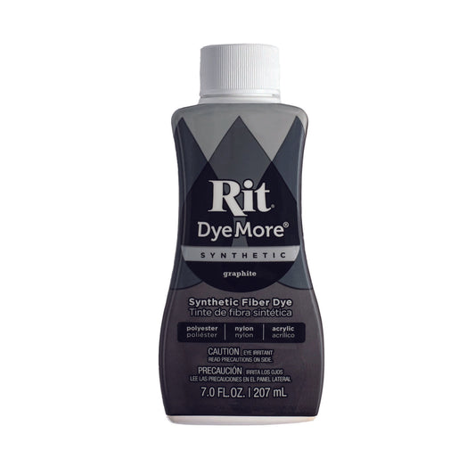 Graphite coloured Rit DyeMore synthetic fibre dye bottle on a white background.