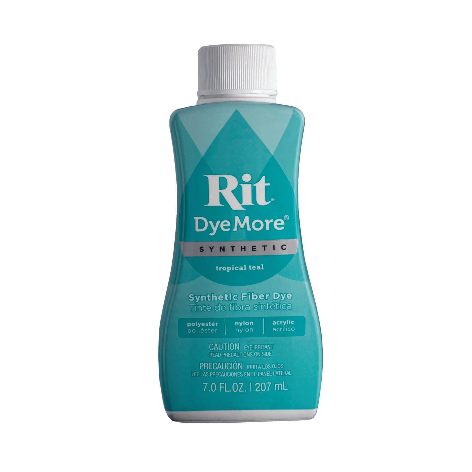 Tropical teal coloured Rit DyeMore synthetic fibre dye bottle on a white background.