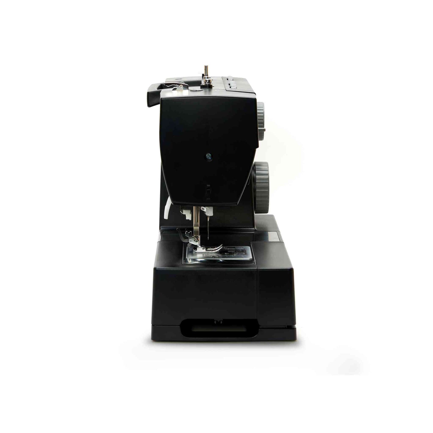 Singer 4432 sewing machine in black shown on side angle