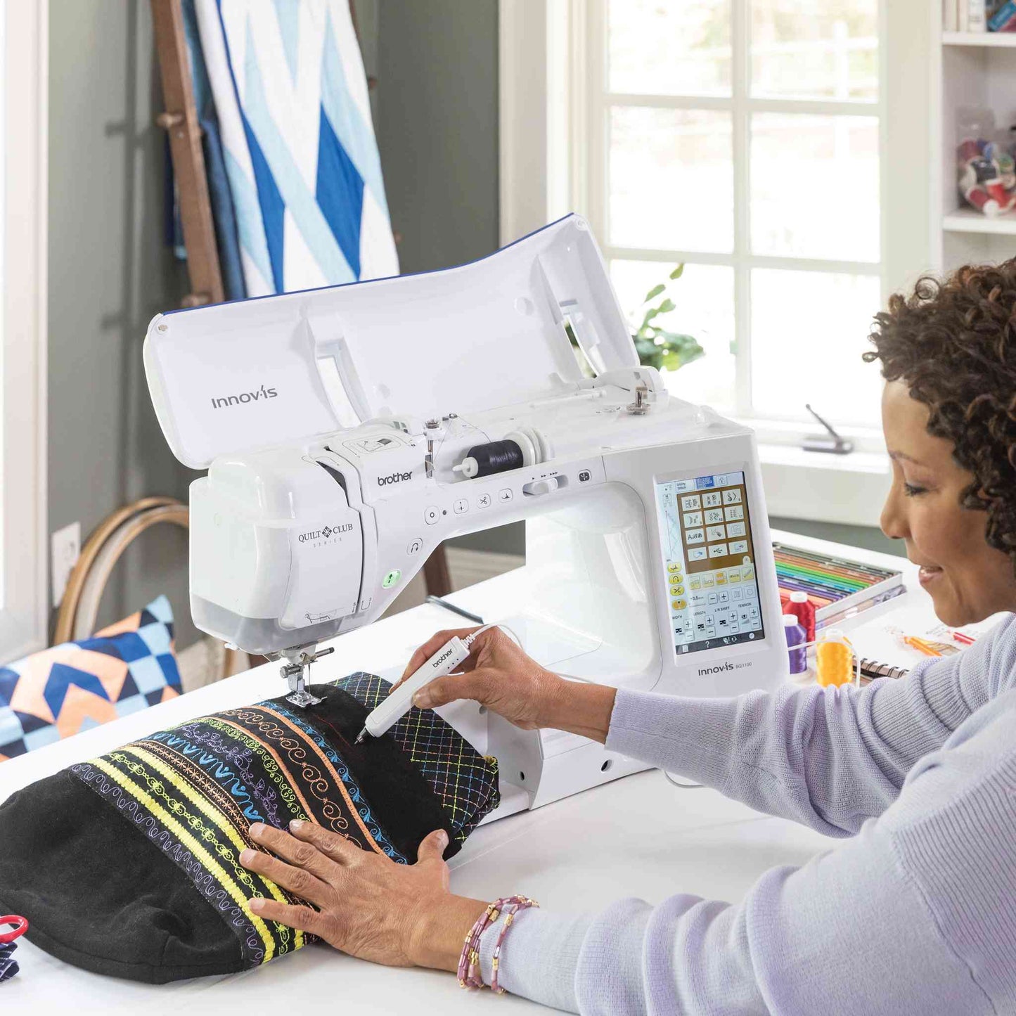 brother bq3100 sewing machine quilt club v-sonic pen being used