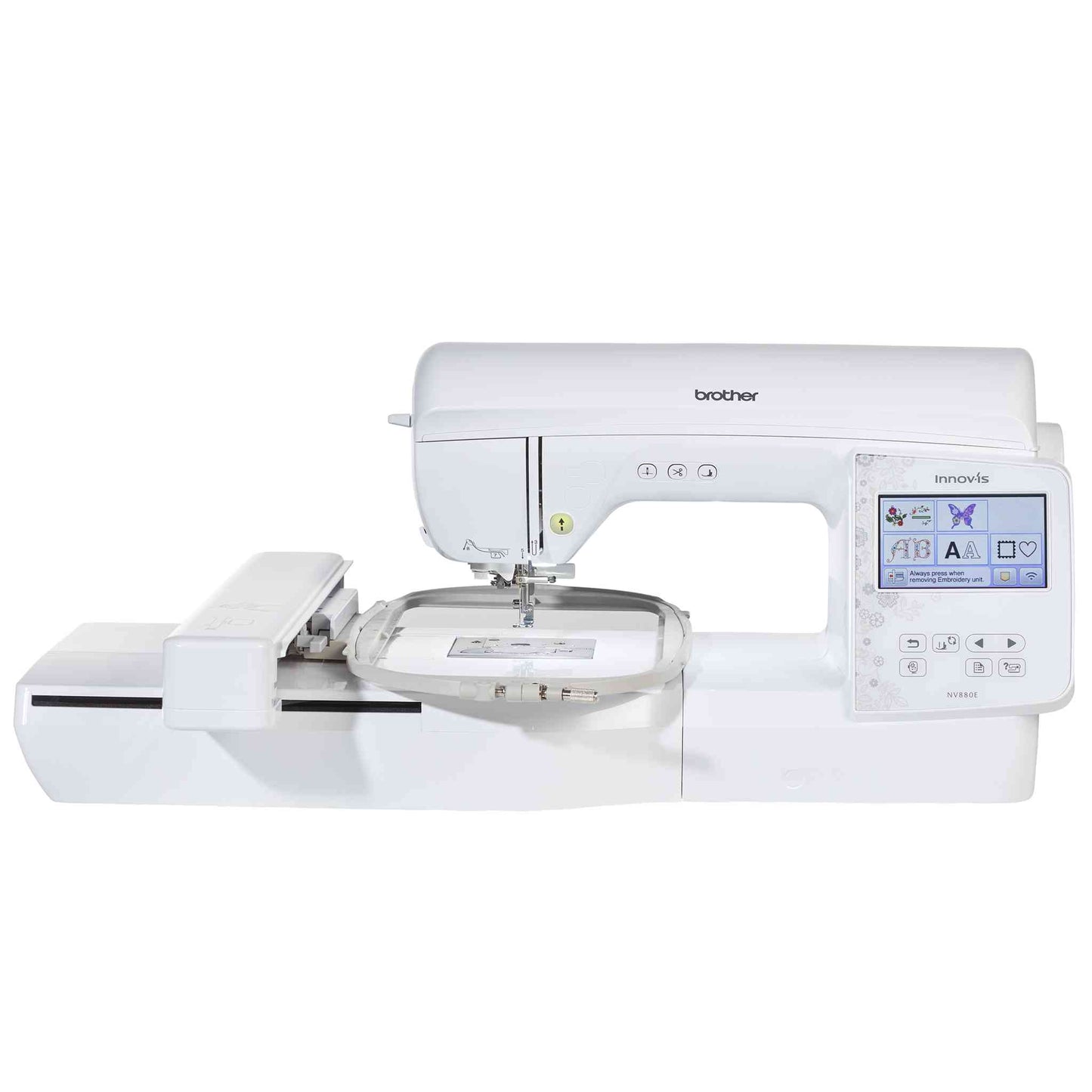 brother nv880e sewing and embroidery machine front view with hoop and embroidery unit attached, no fabric