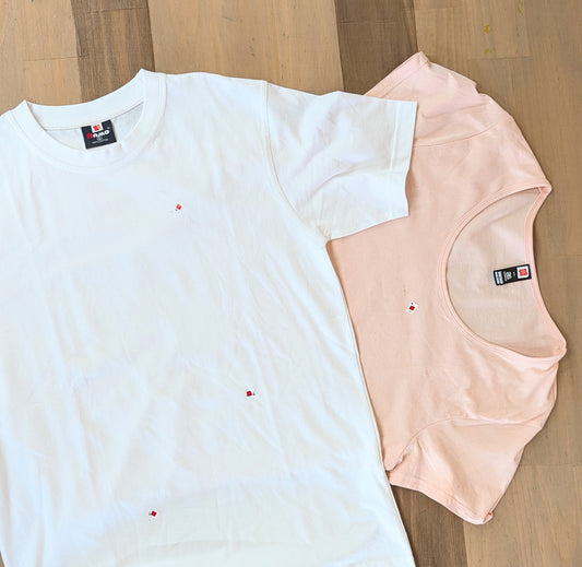 Damaged Tees with marked areas highlighted on tan background