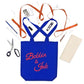 Blue tote bag with 'Bobbin & Ink' text, surrounded by sewing items on a white background