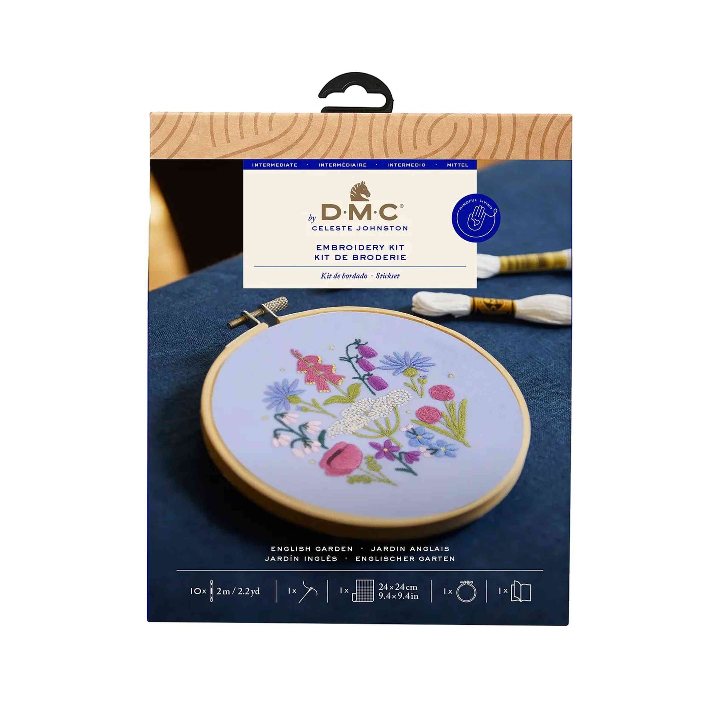 DMC English Garden by Celeste Johnston intermediate embroidery kit on white background