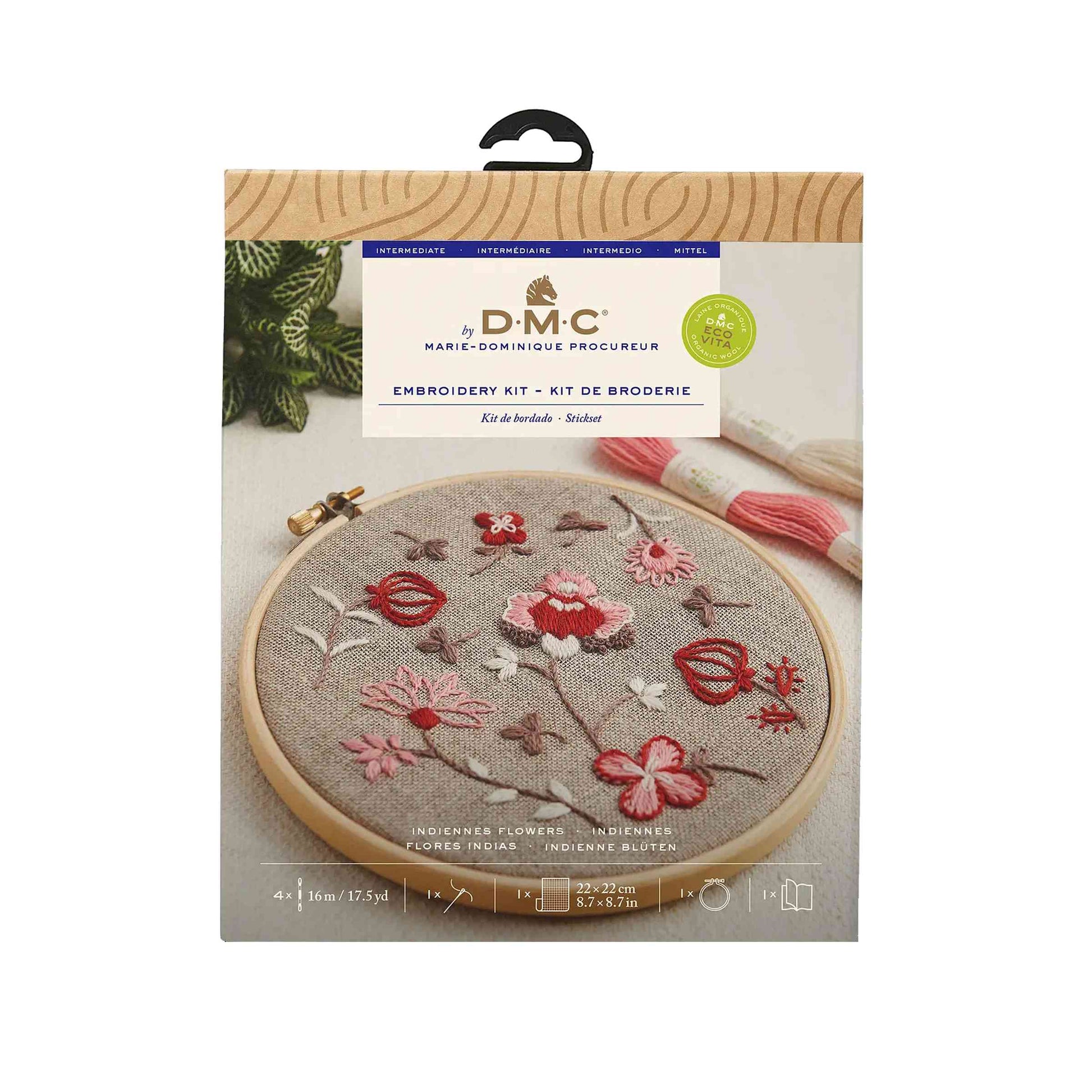DMC Indiennes Flowers by Marie-Dominique Procureur Intermediate Level Embroidery on White Background.