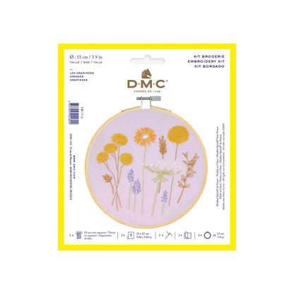 DMC Grasses Embroidery Kit on a white background. The kit comes with purple fabric, a wooden embroidery hoop and features embroideries of various grass flowers blooms