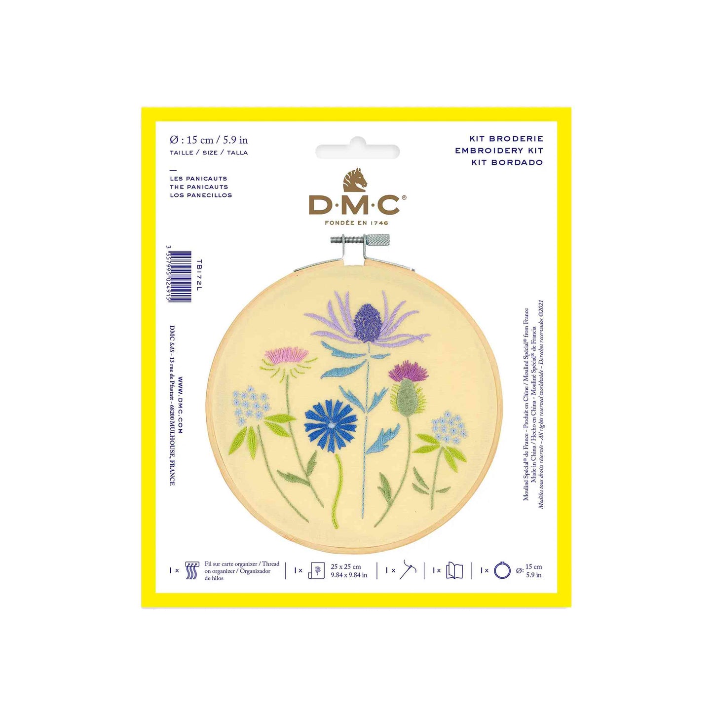 DMC Panicauts Embroidery Kit on a white background. The kit comes with yellow fabric, a wooden embroidery hoop and features embroideries of various panicaut flower blooms