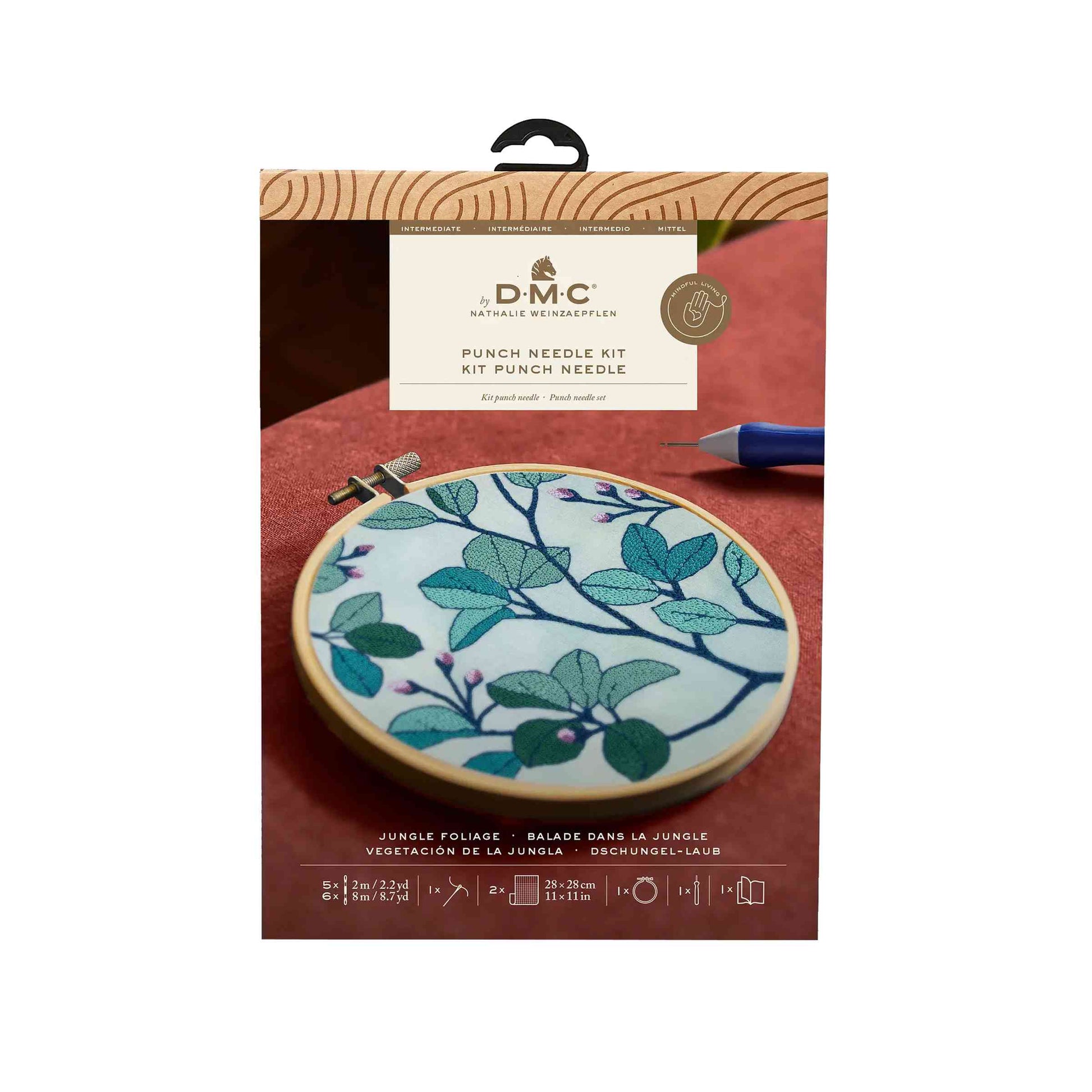 DMC Jungle Foliage by Nathalie-Weinzaepflen intermediate punch needle kit on plain background