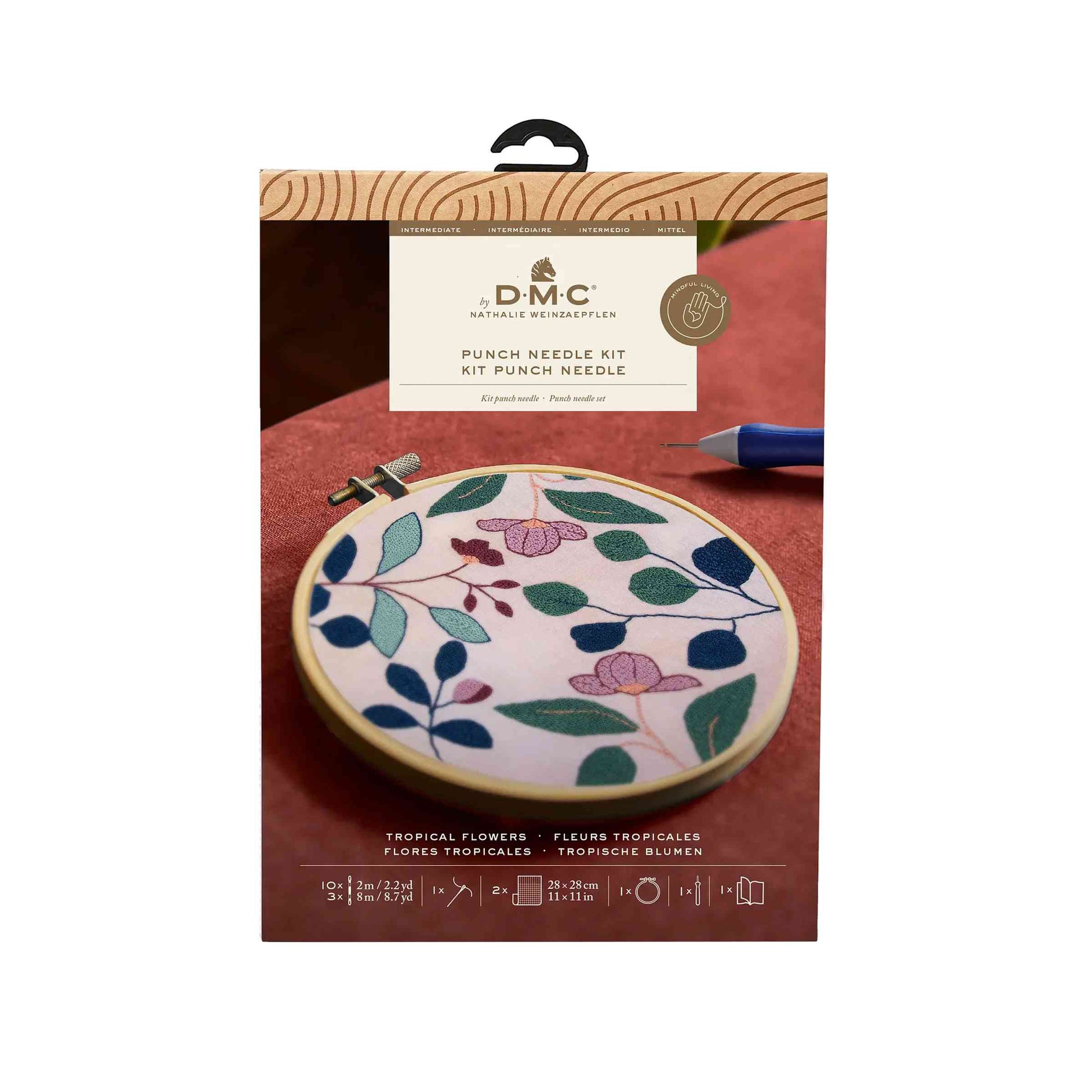 DMC tropical flowers by Nathalie-Weinzaepflen intermediate punch needle kit on plain background