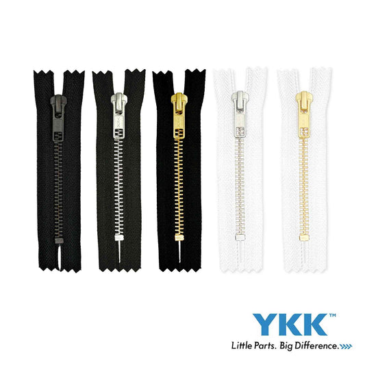 Genuine YKK metal chain zips in black oxidized, nickel-silver, golden brass in black and white tape variants