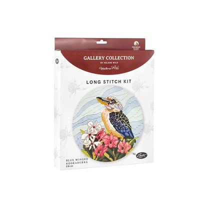 Blue Winged Kookaburra Longstitch on white background