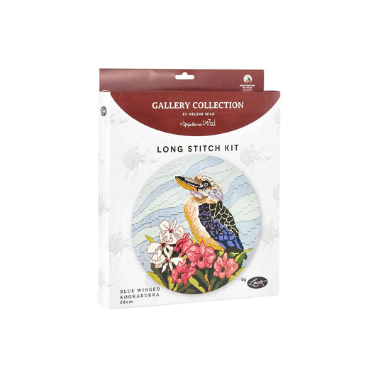 Blue Winged Kookaburra Longstitch on white background