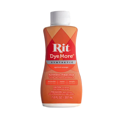 Apricot orange coloured Rit DyeMore synthetic fibre dye bottle on a white background.