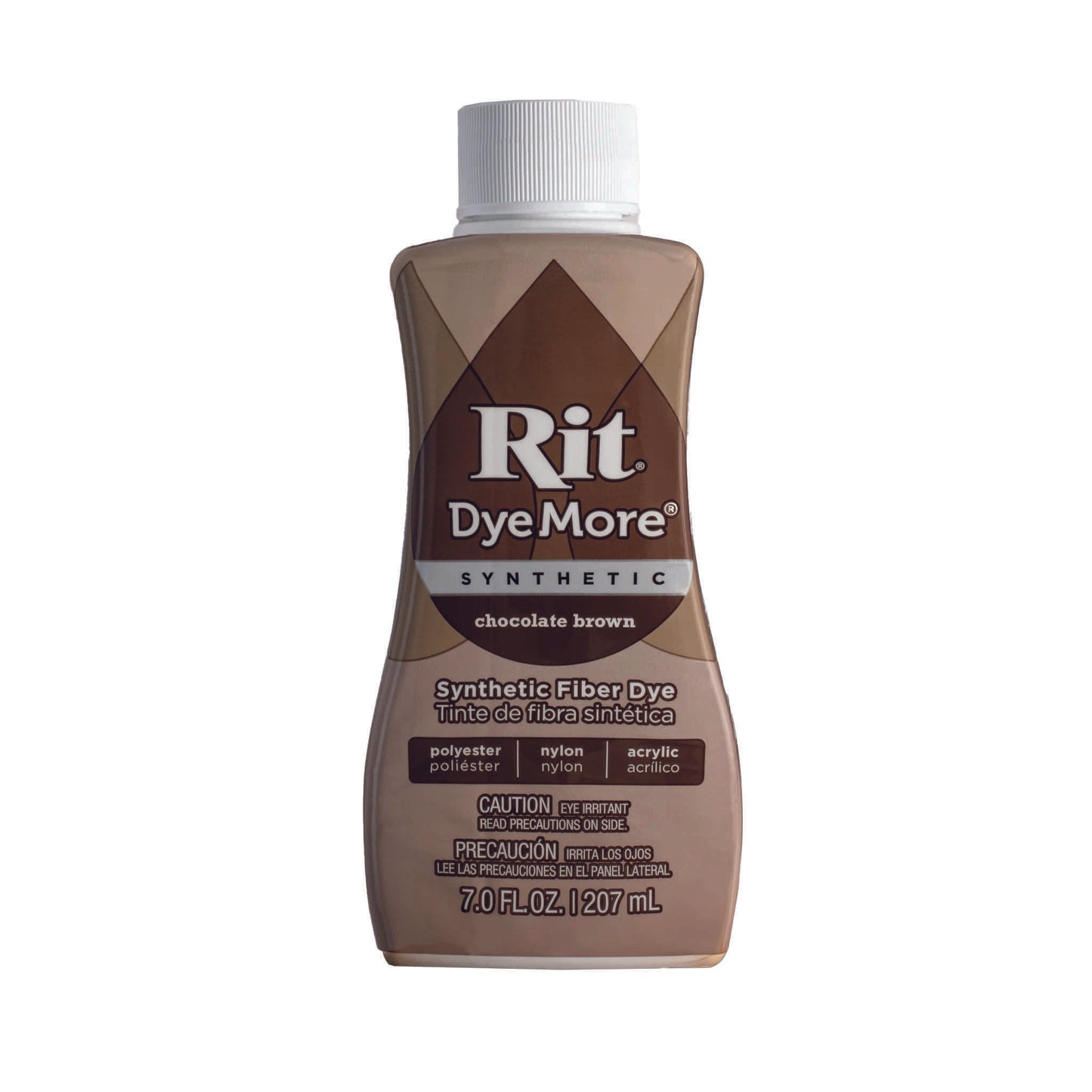 Chocolate brown coloured Rit DyeMore synthetic fibre dye bottle on a white background.