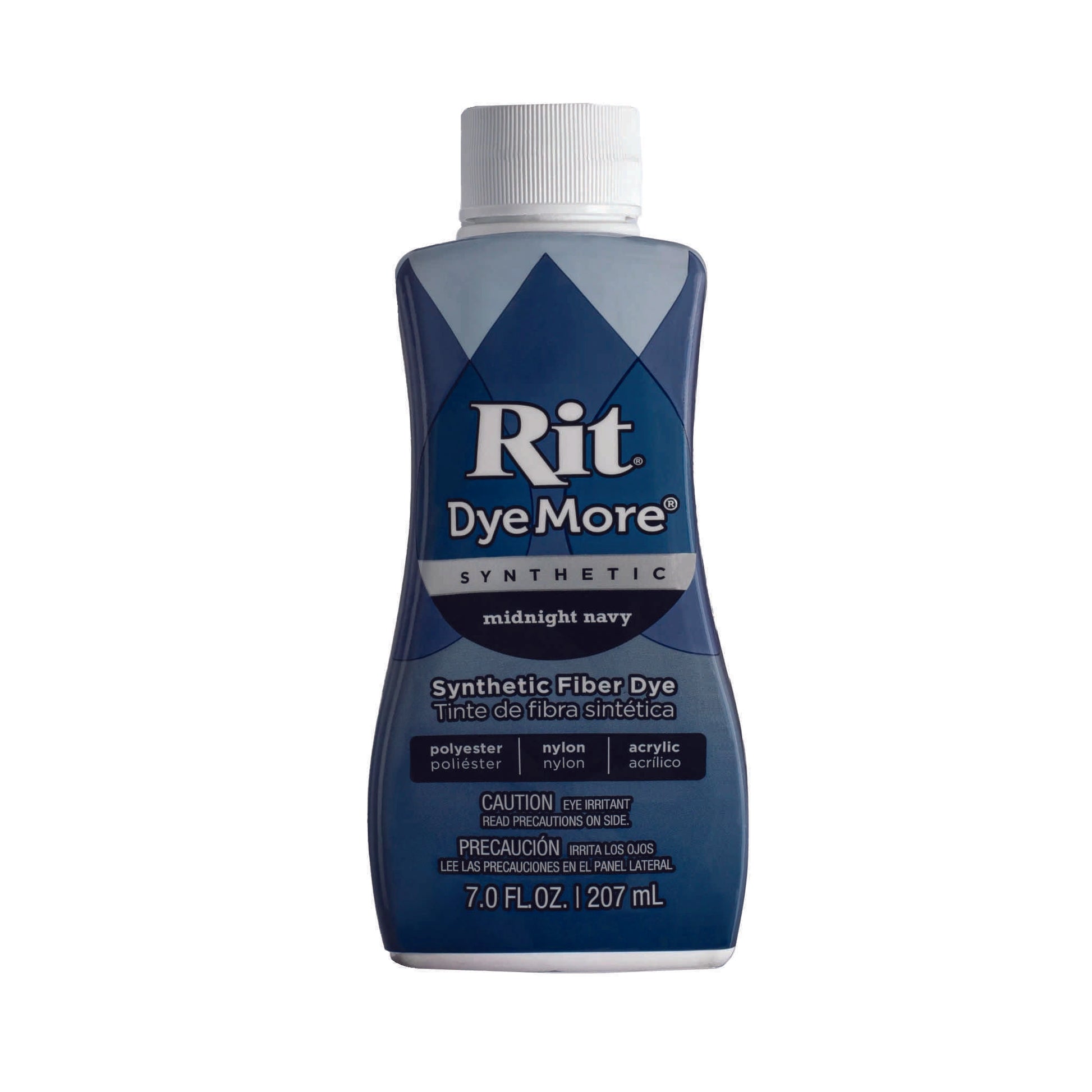 Midnight navy coloured Rit DyeMore synthetic fibre dye bottle on a white background.