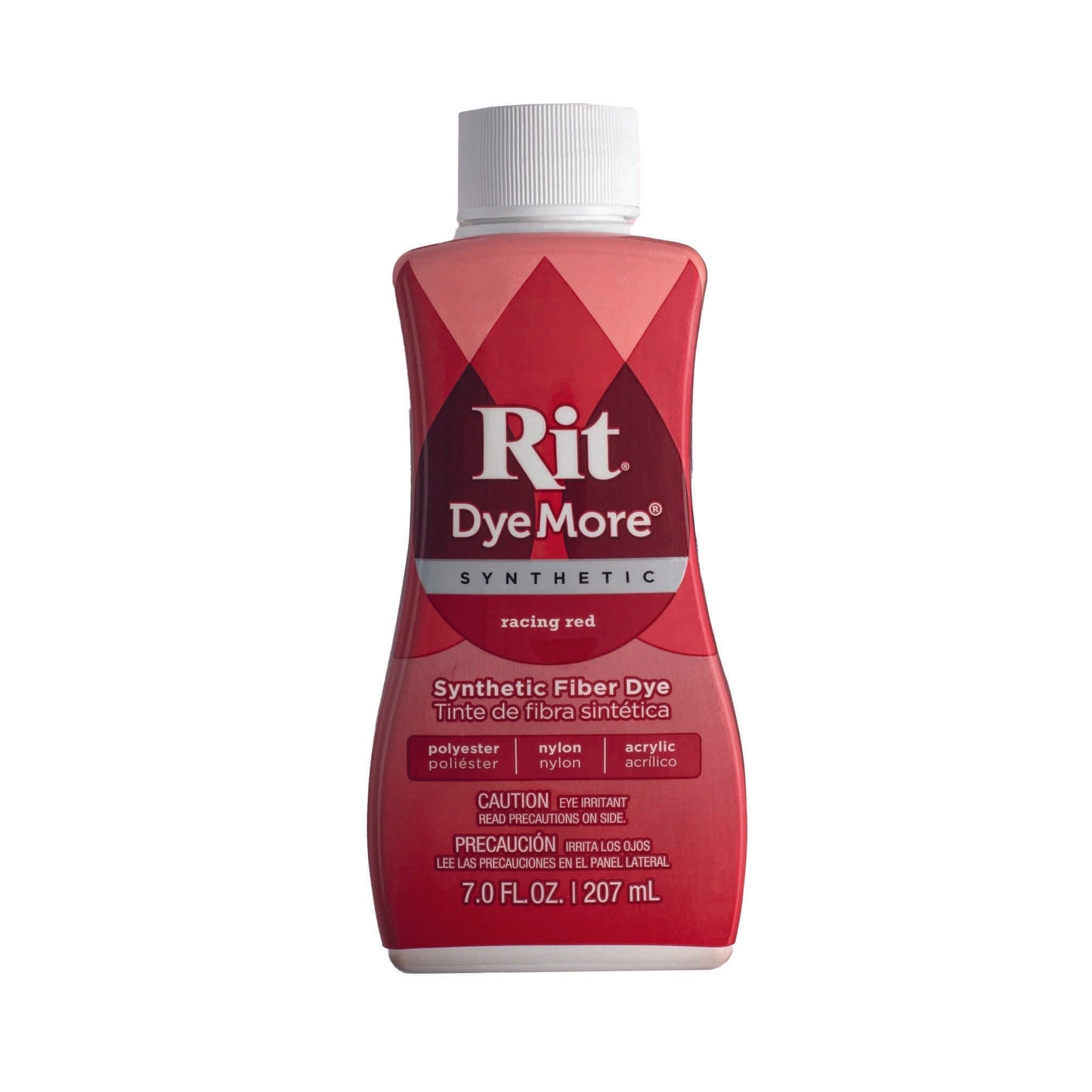 Racing red coloured Rit DyeMore synthetic fibre dye bottle on a white background.