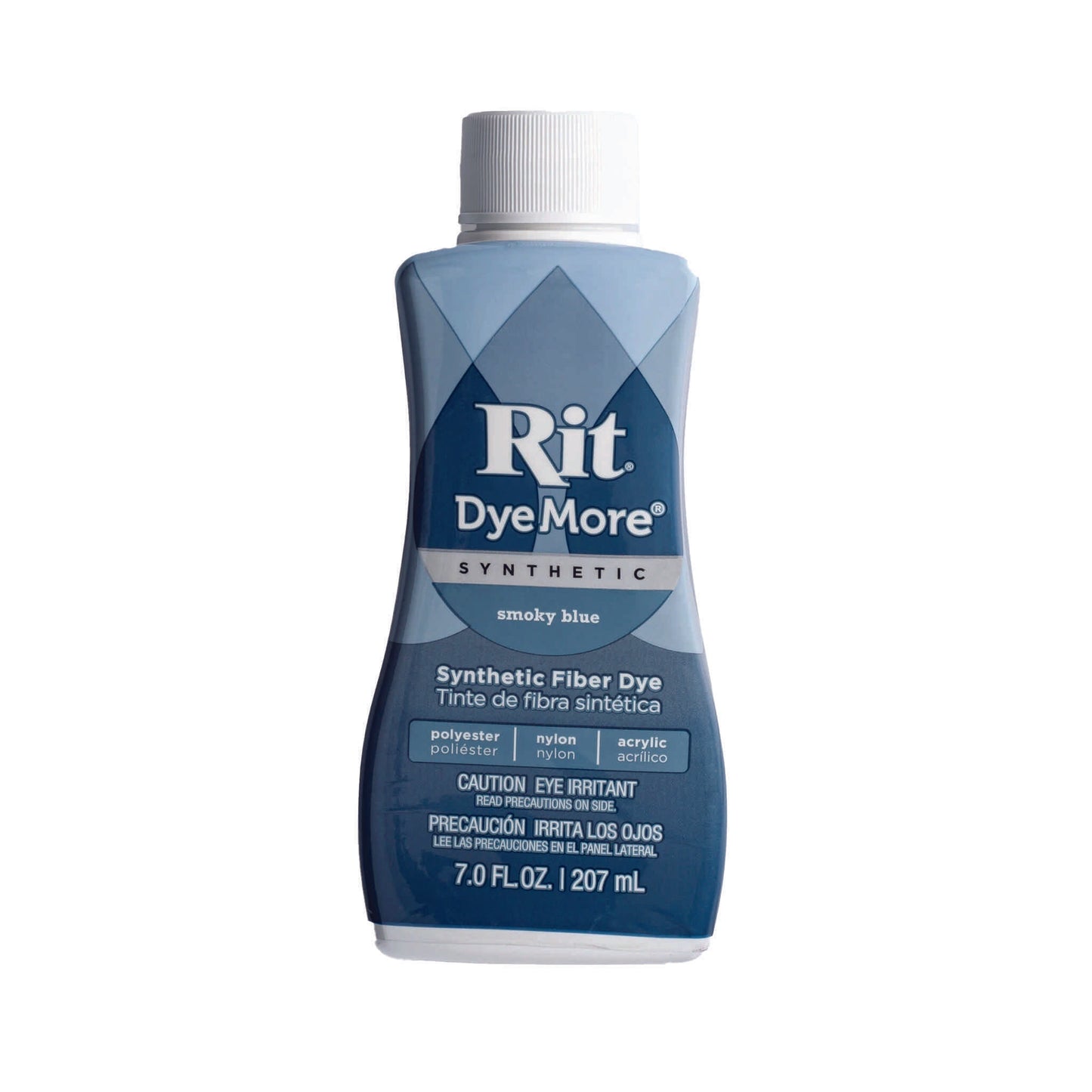 Smoky blue coloured Rit DyeMore synthetic fibre dye bottle on a white background.