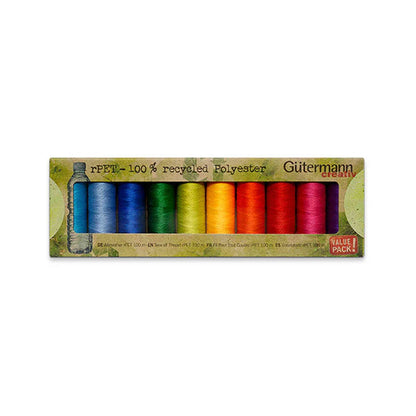 Gutermann Sew All Thread 10 pack recyced thread in bright colours on white background