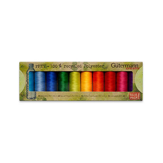 Gutermann Sew All Thread 10 pack recyced thread in bright colours on white background