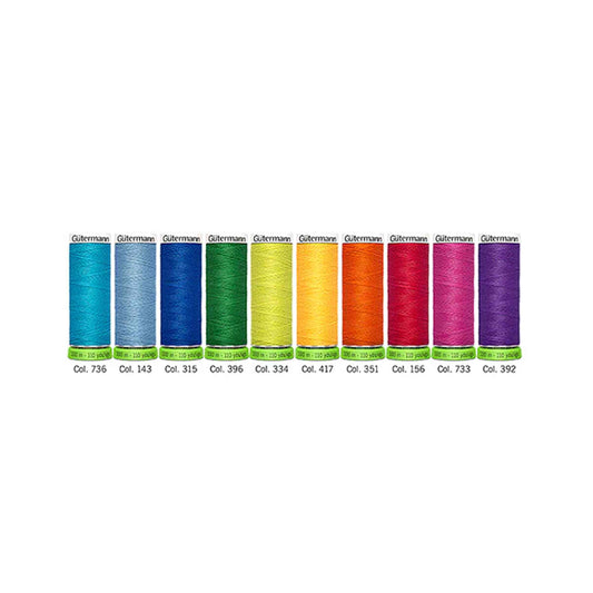 Gutermann Sew All Thread 10 pack recyced thread in bright colours on white background