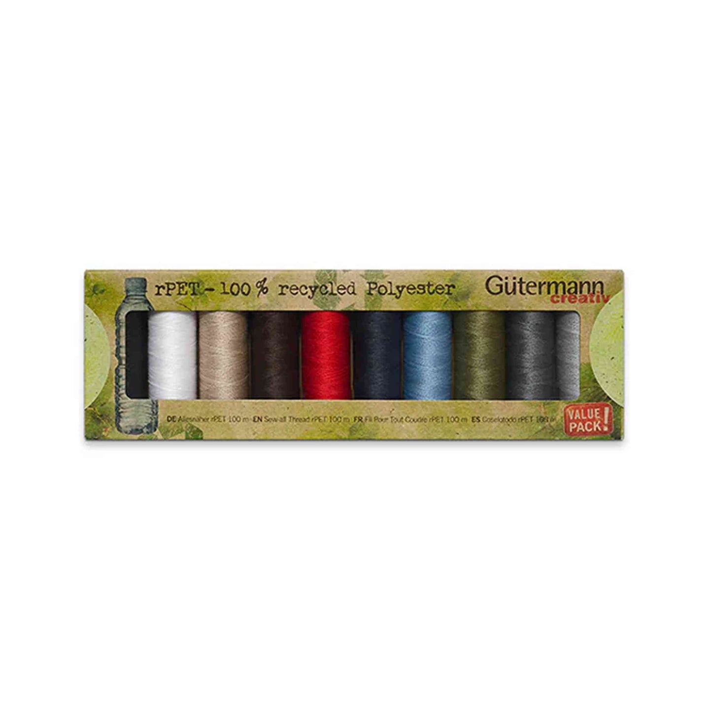 Gutermann Sew All Thread 10 pack recyced thread in mending colours on white background