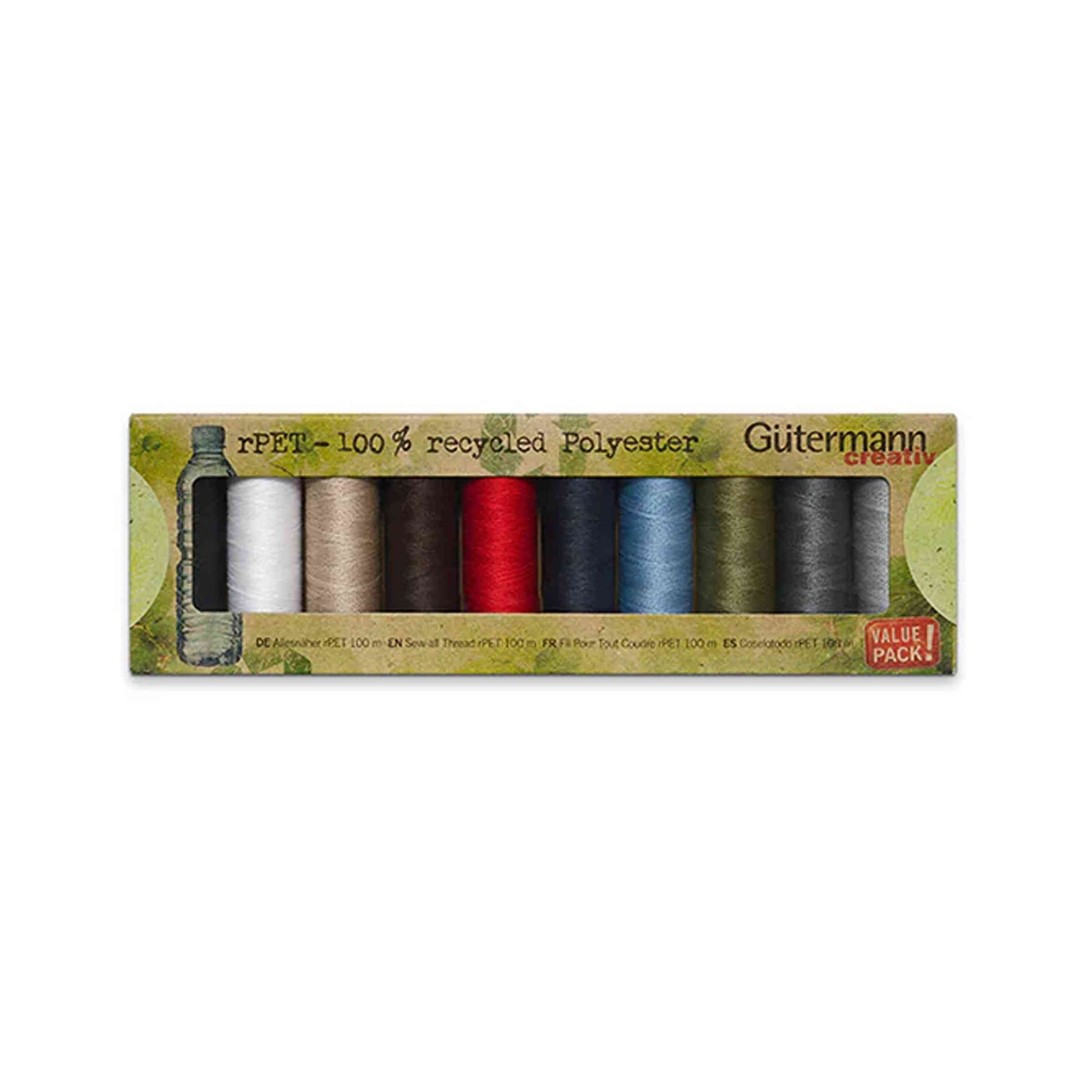 Gutermann Sew All Thread 10 pack recyced thread in mending colours on white background