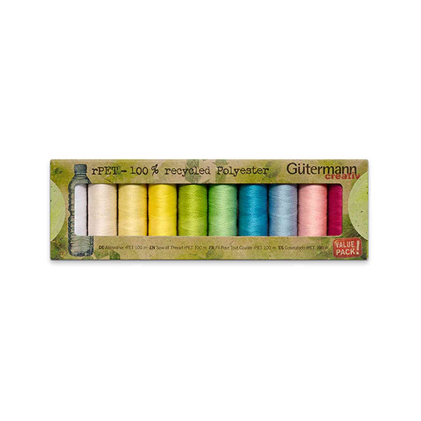 Gutermann Sew All Thread 10 pack recyced thread in pastel colours on white background