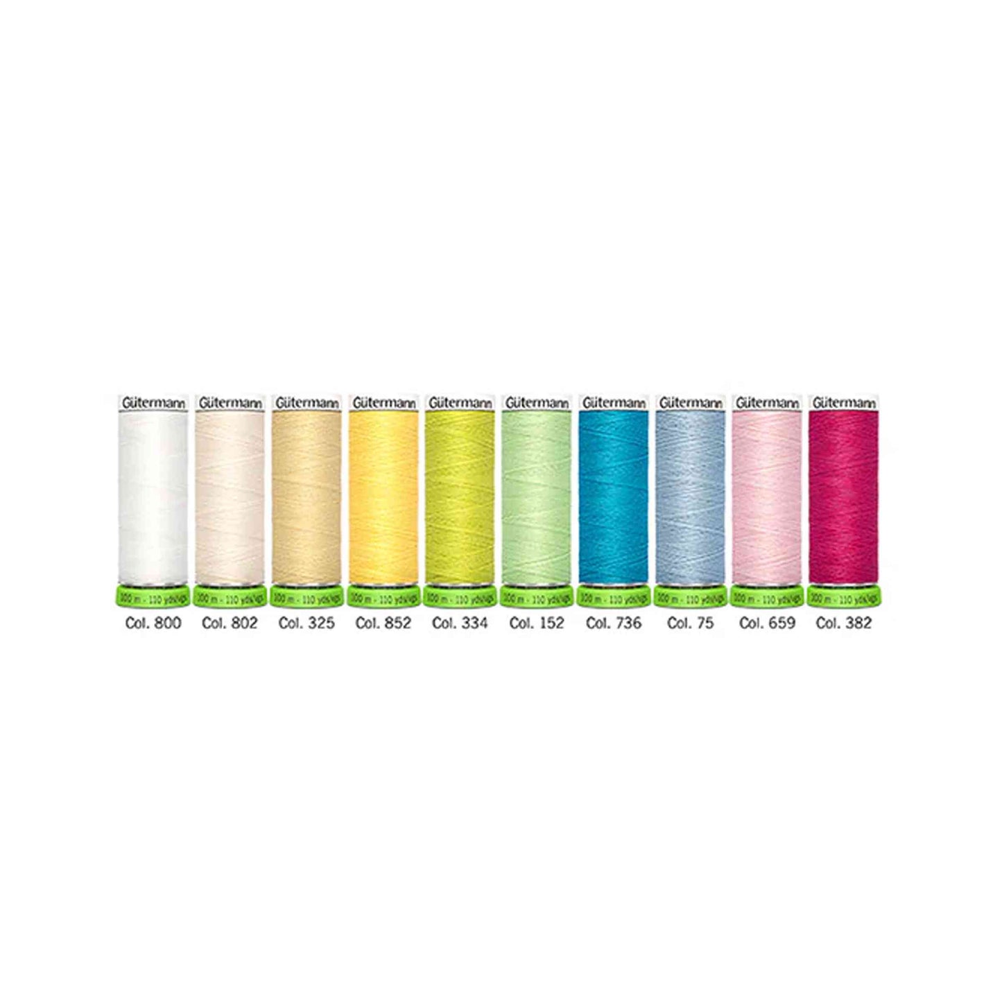 Gutermann Sew All Thread 10 pack recyced thread in pastel colours on white background