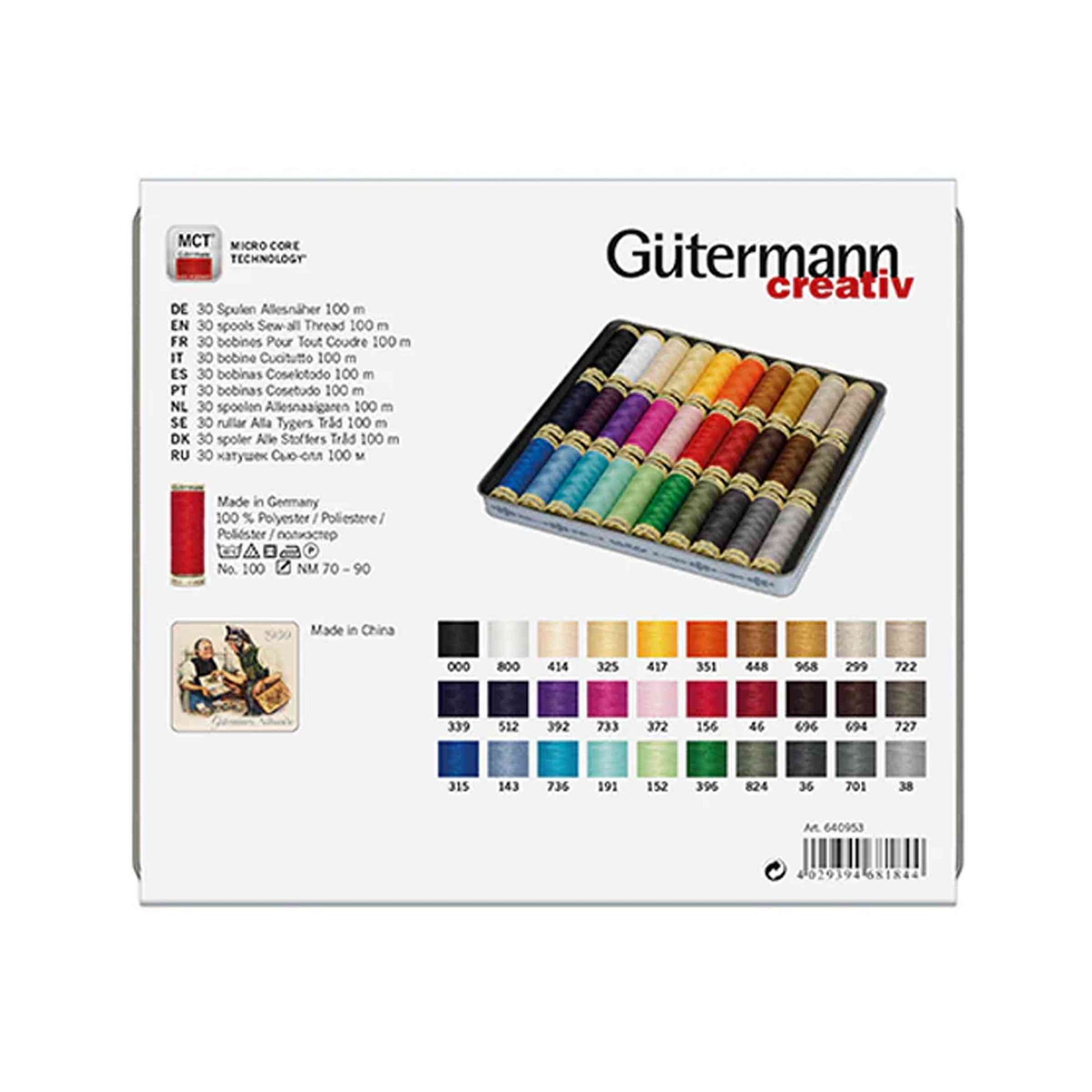 Gutermann Sew All Thread 30 pack back of box on white background