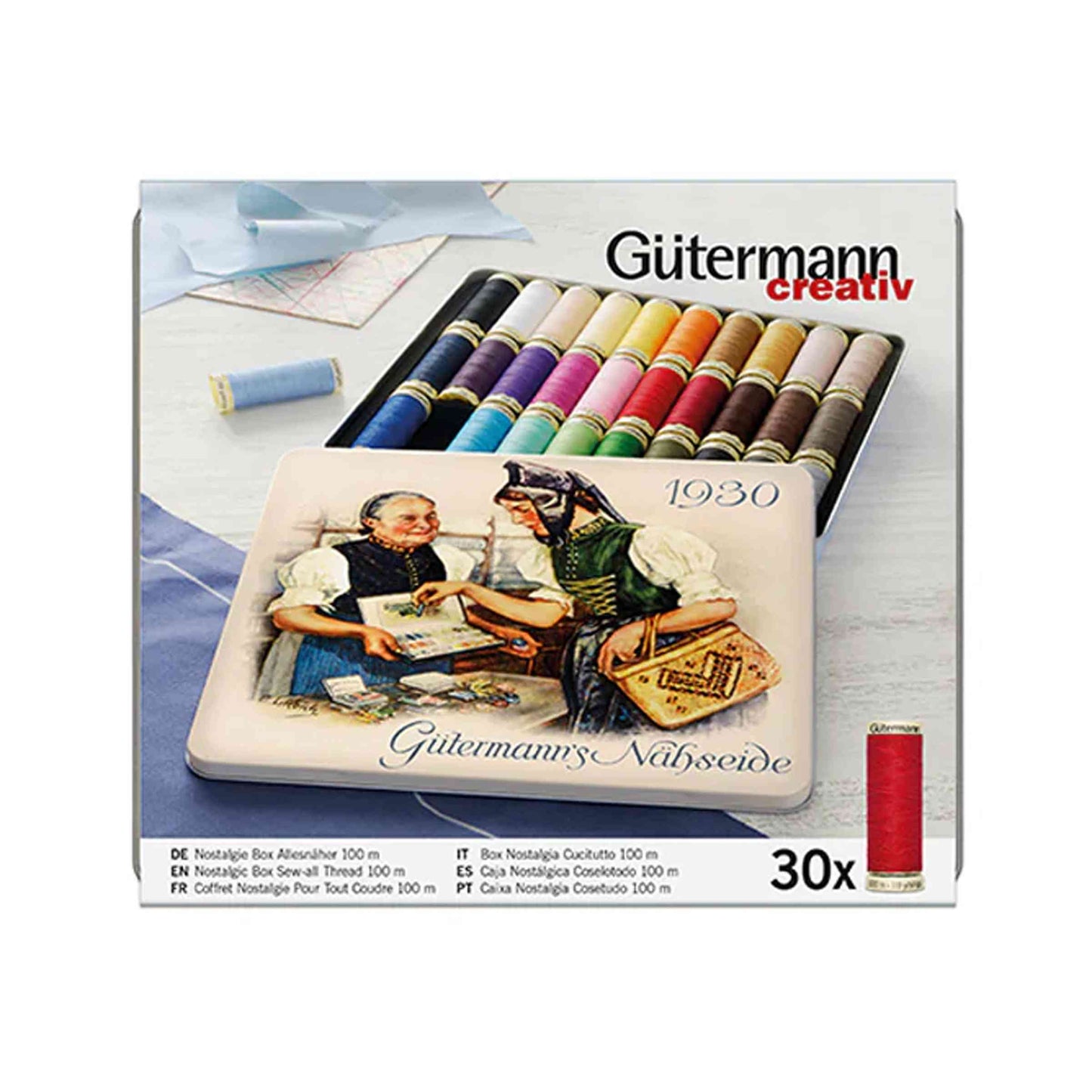 Gutermann Sew All Thread 30 pack front of box on white background