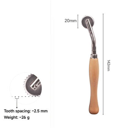 Wooden Dentate Tracing Wheel with dimensions on white background