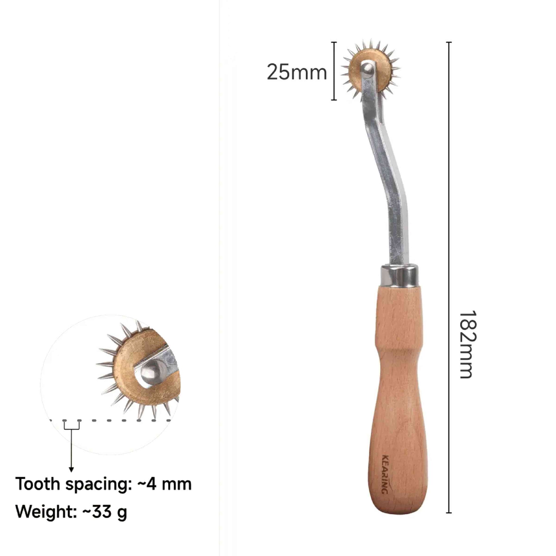 Wooden Needle Point Tracing Wheel  with dimensions on white background