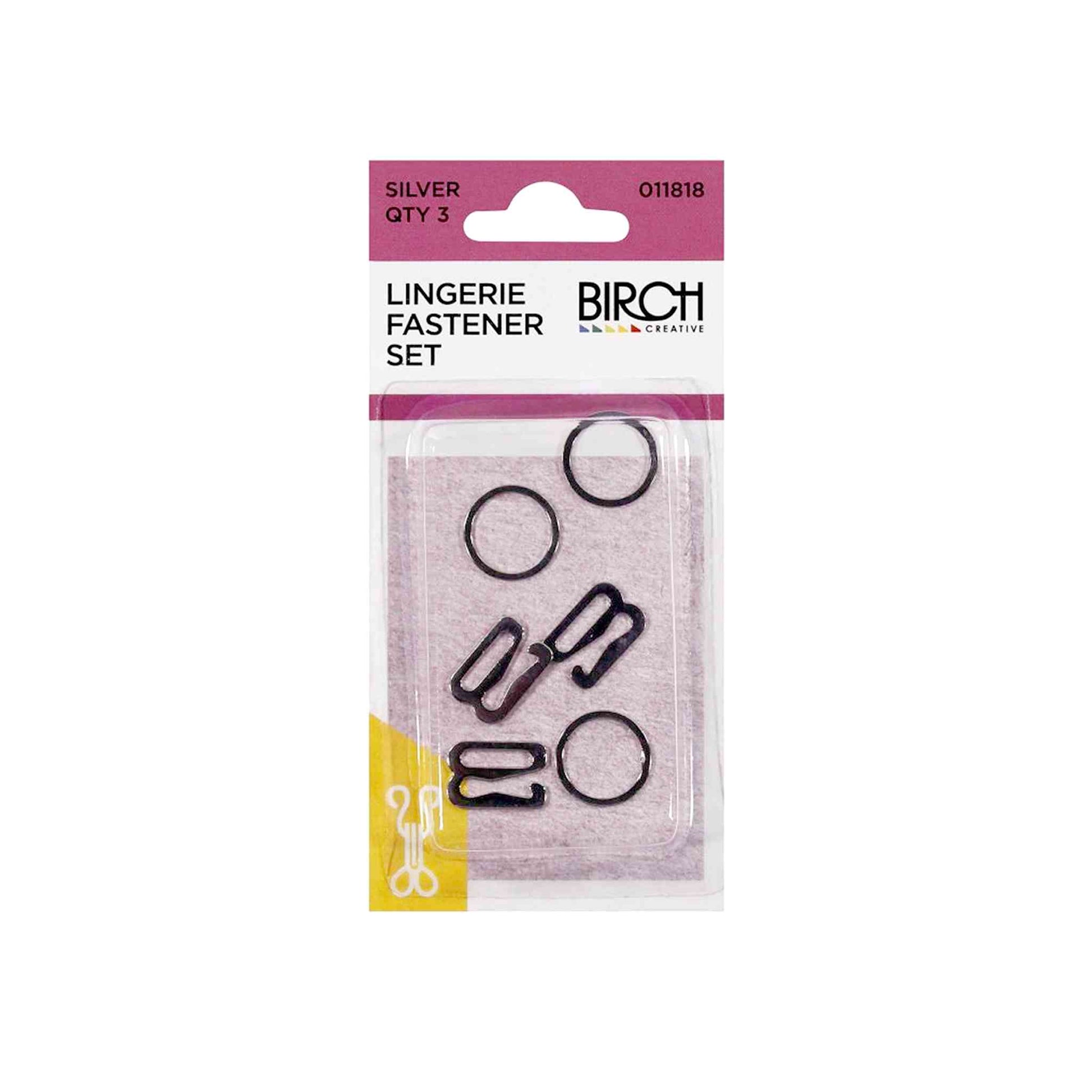 A pack of Birch branded lingerie fastener sets. 3 sets in each pack, nickel in colour.gs.