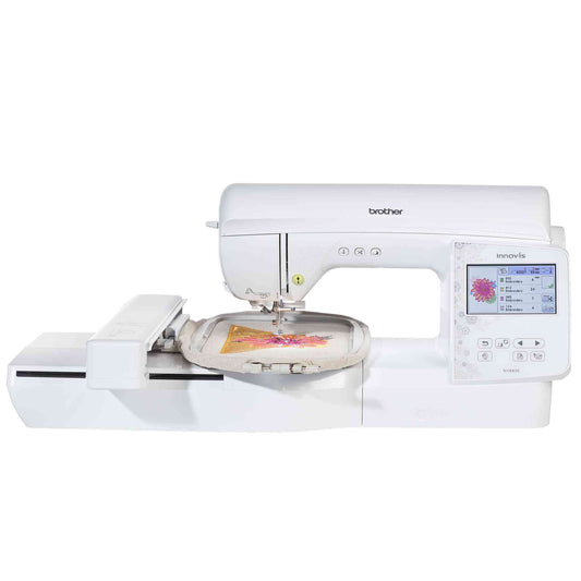 brother nv880e sewing and embroidery machine front view with hoop and embroidery unit attached