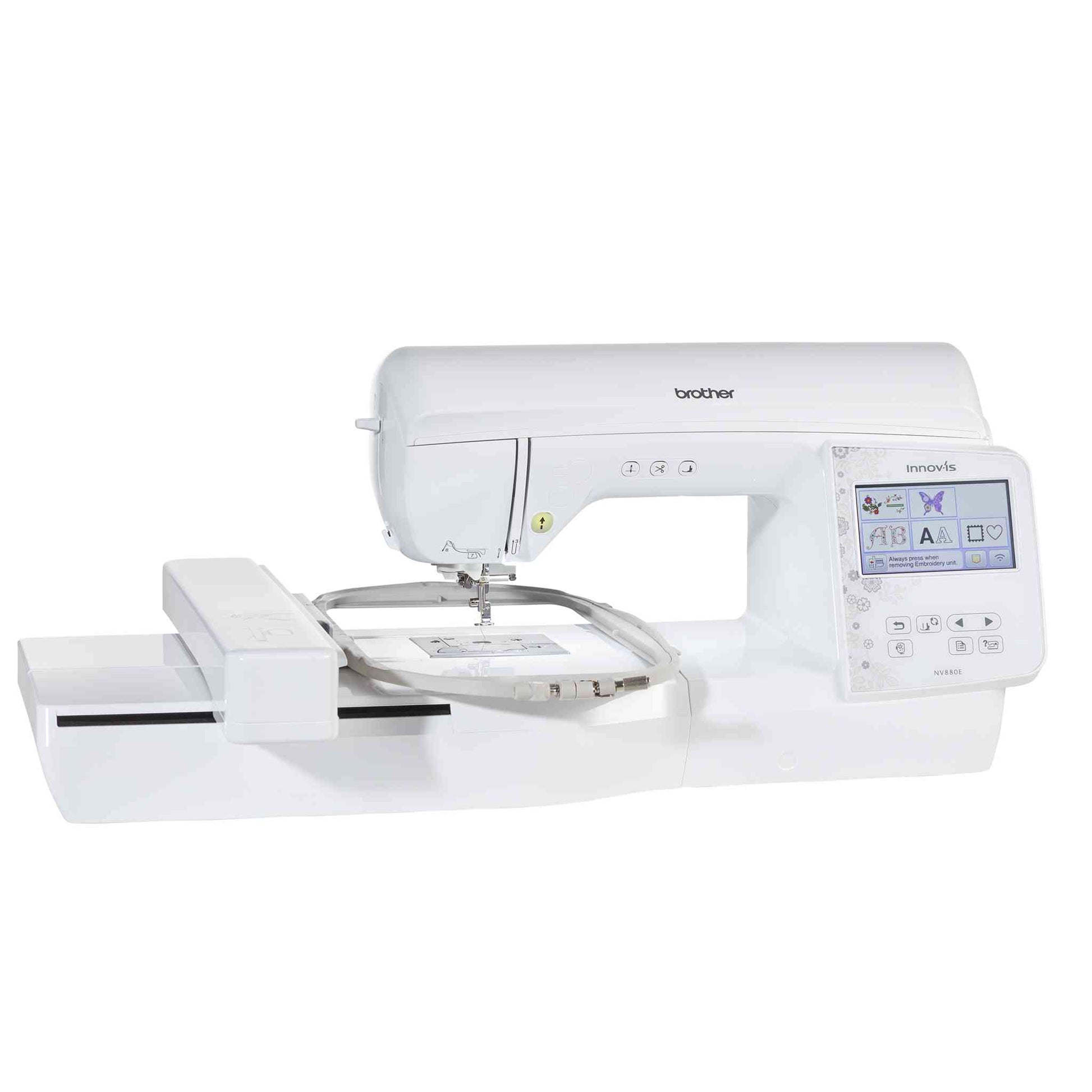 brother nv880e sewing and embroidery machine front view with hoop and embroidery unit attached, no fabric