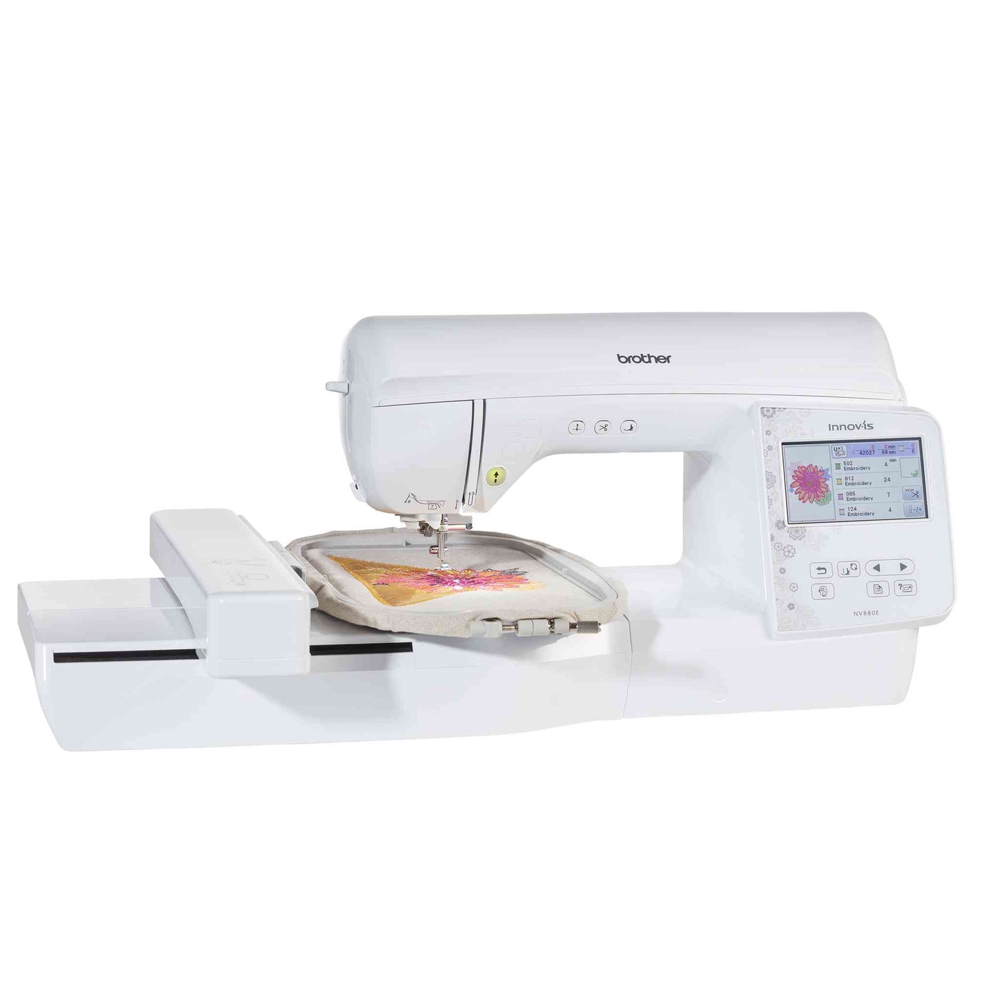 brother nv880e sewing and embroidery machine with hoop attached and floral design stitch out