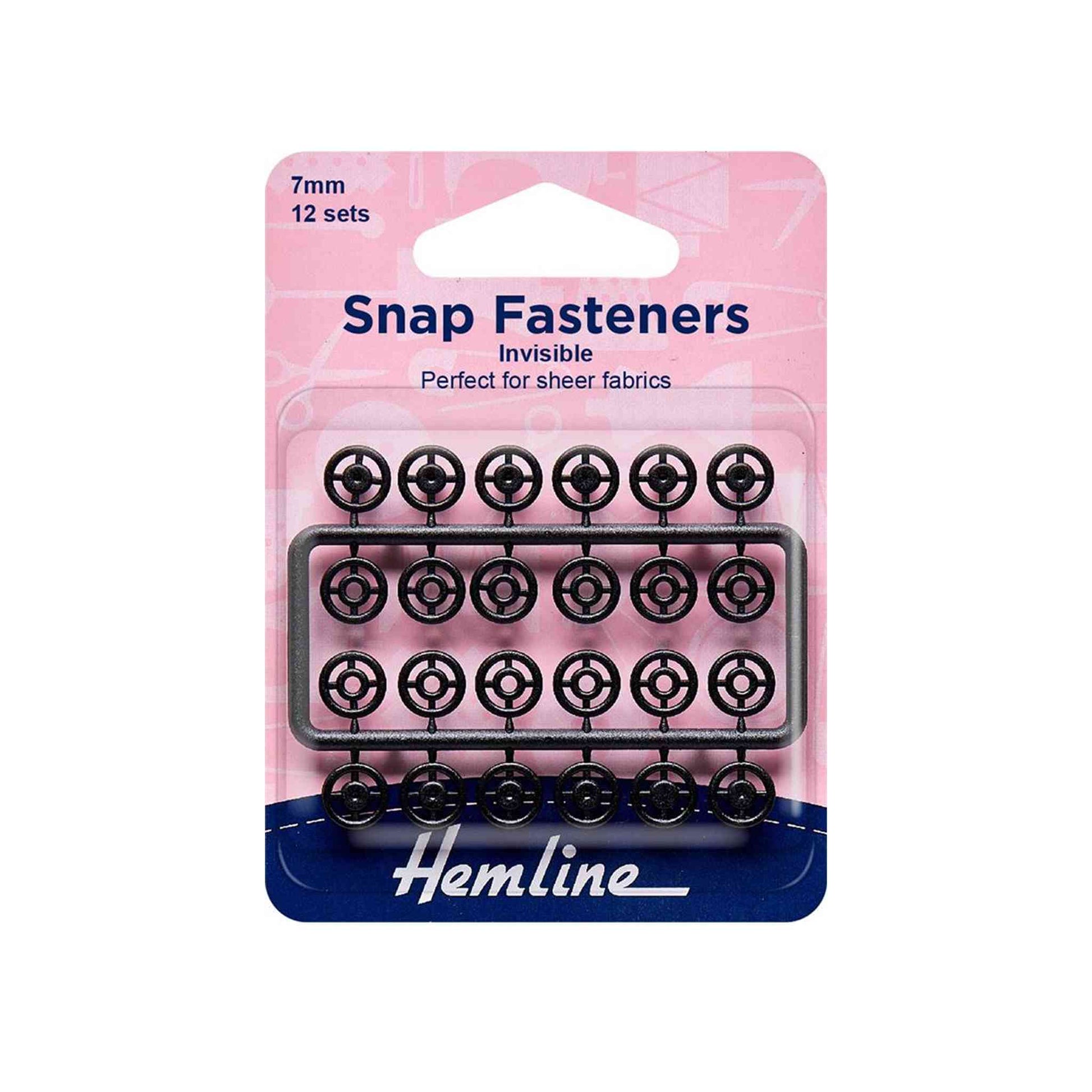 12 set packet of Hemline invisible snap fasteners to sew into garments. 7mm wide, black plastic.