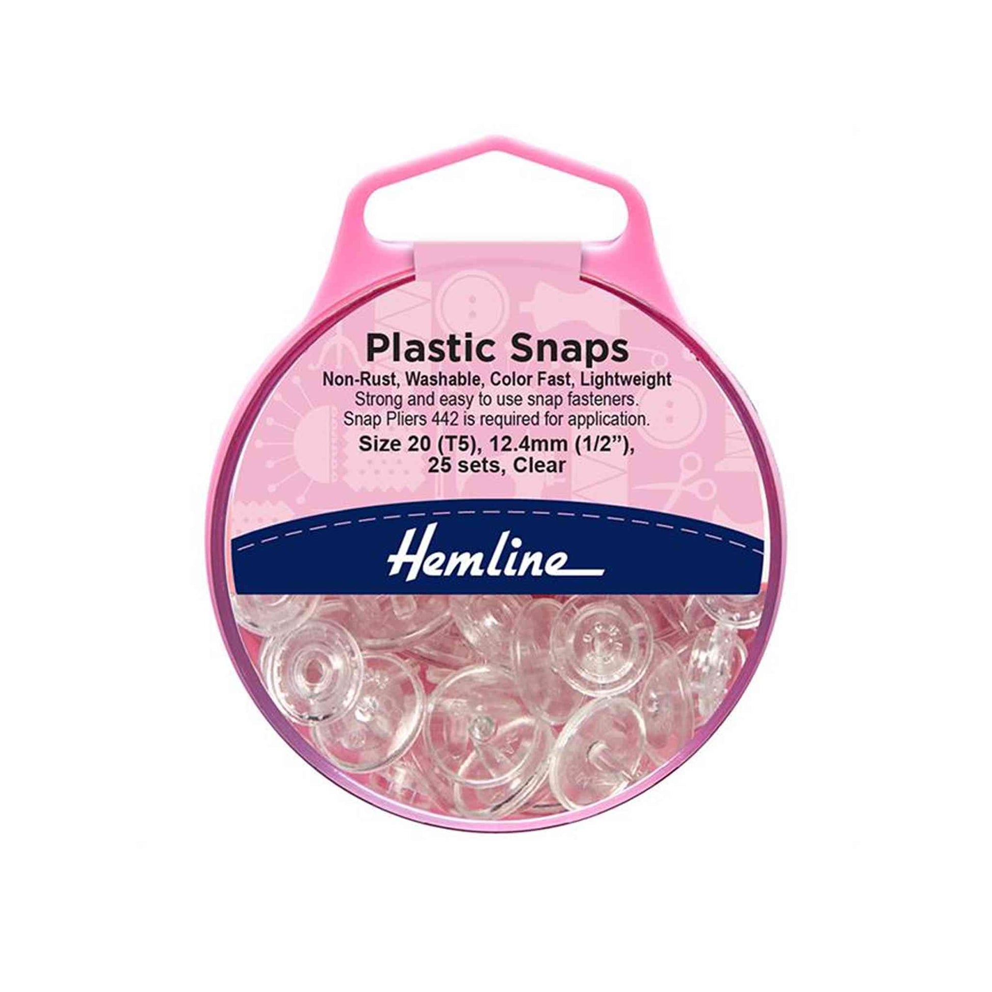 A pack of Hemline branded plastic snaps. 25 sets, clear.
