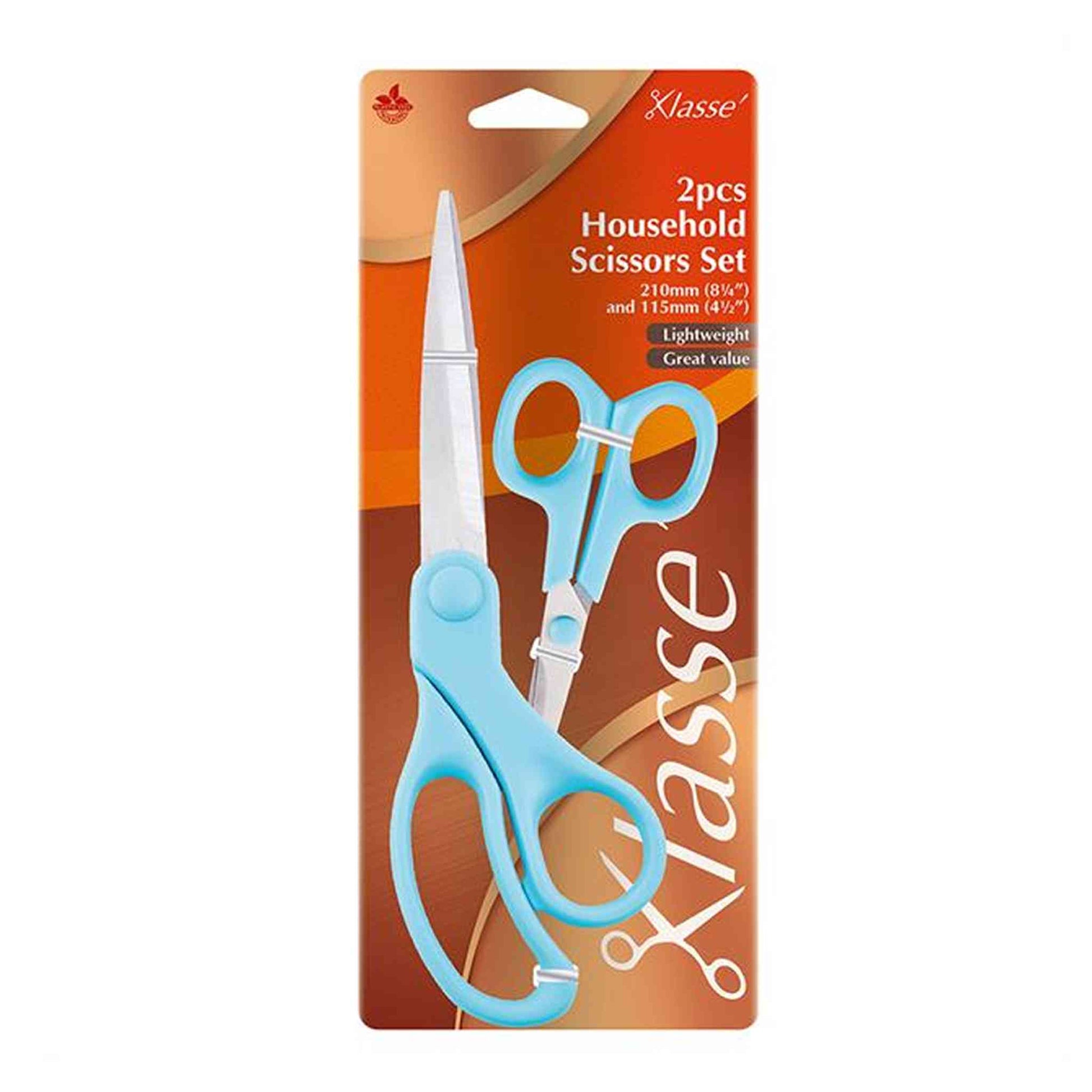Klasse 2 piece household scissors set. Small 115mm and large 210mm length. Cardboard packaging.blue-handles