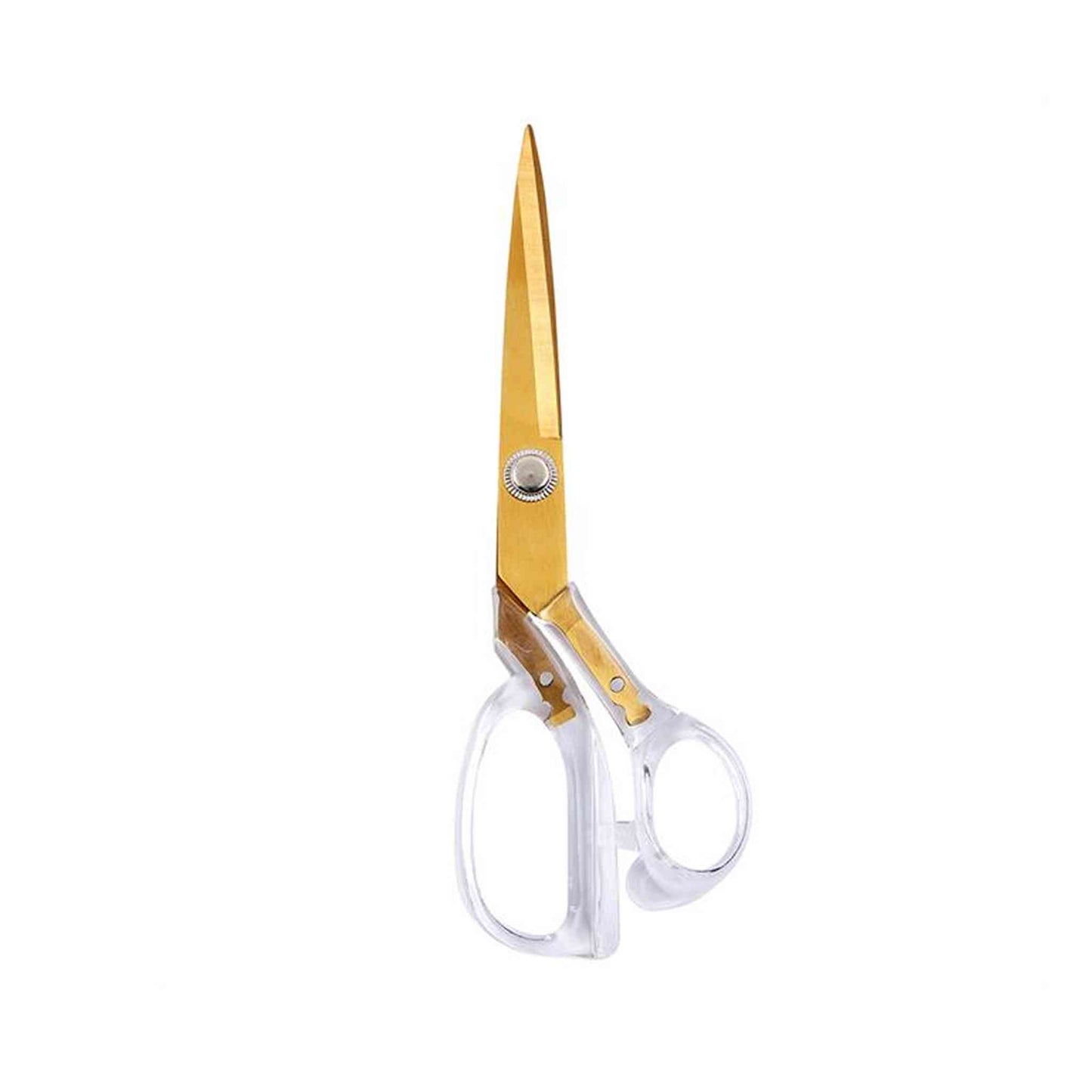 Klasse branded dressmaking scissors with 210mm / 8.25 Inch length. Transparent plastic handle, gold finish metal blades. No packaging photo.