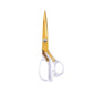 Klasse branded dressmaking scissors with 210mm / 8.25 Inch length. Transparent plastic handle, gold finish metal blades. No packaging photo.