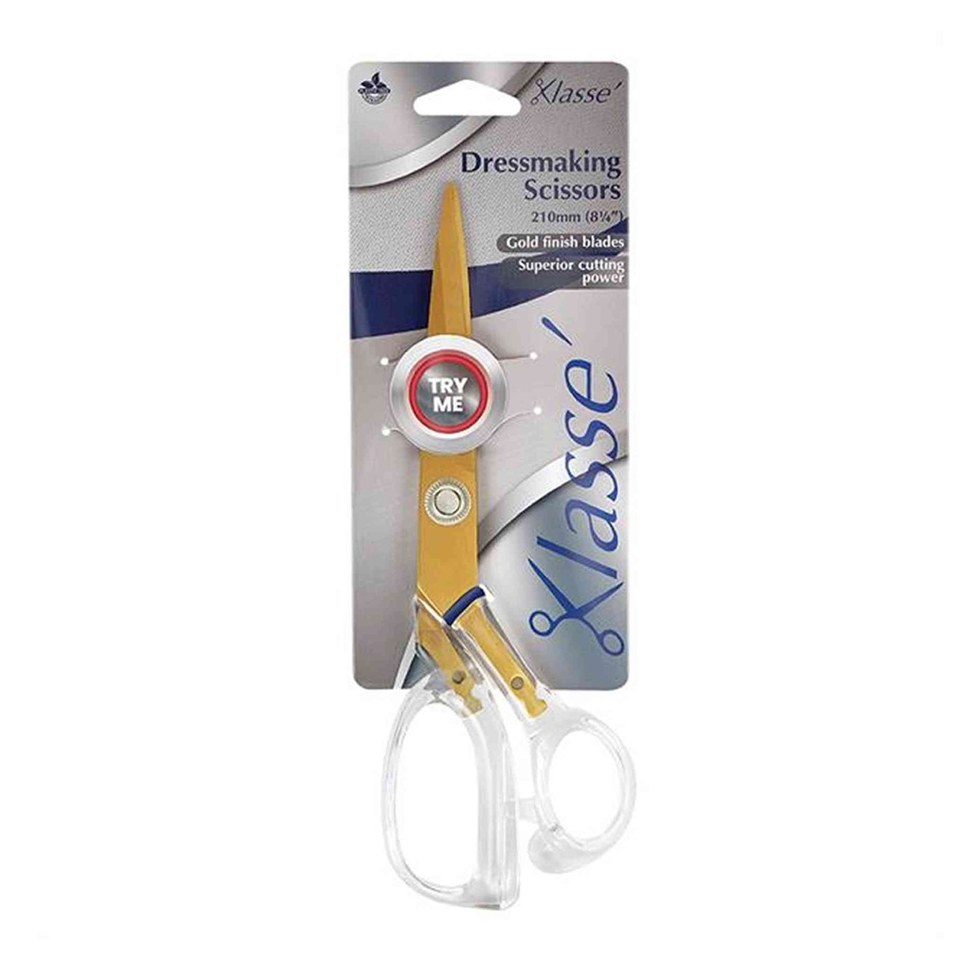Klasse branded dressmaking scissors with 210mm / 8.25 Inch length. Transparent plastic handle, gold finish metal blades.